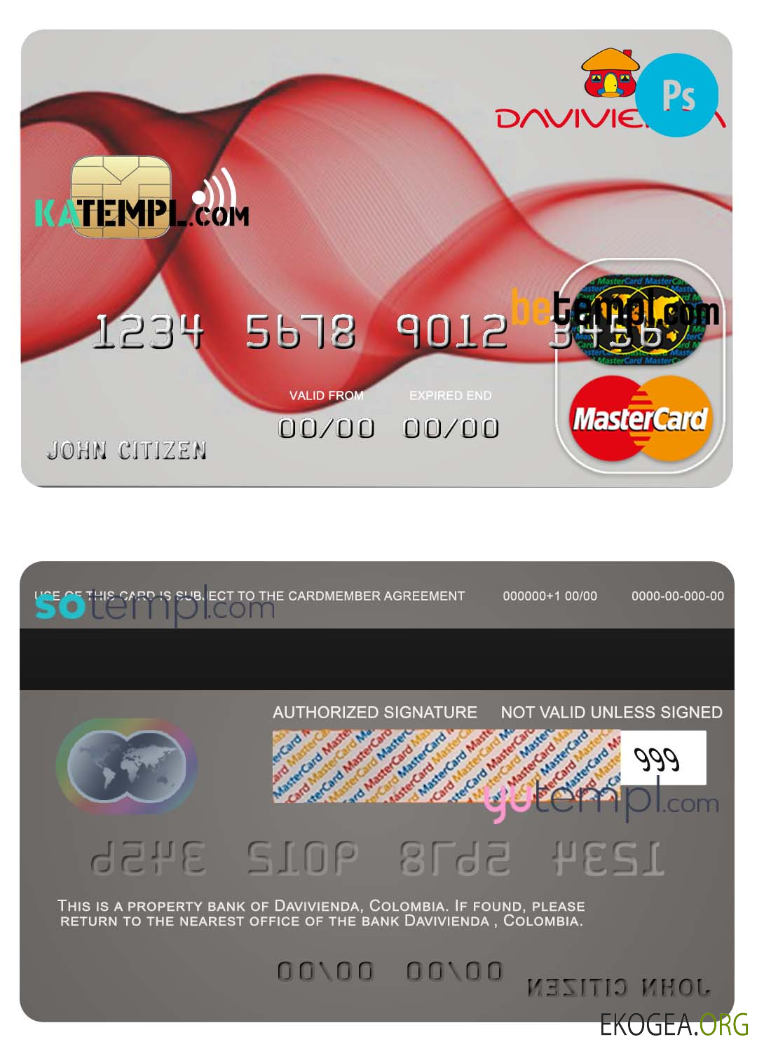 Modèle de carte de crédit mastercard de la banque Davivienda Colombie au format PSD, entièrement modifiable